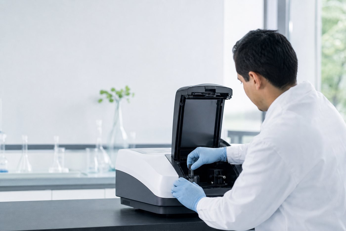 Especialista dando mantenimiento a un equipo analítico de laboratorio